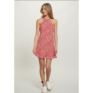Zara Halter Mini Dress Floral Print Smocked‎ Back Red White Casual Size L